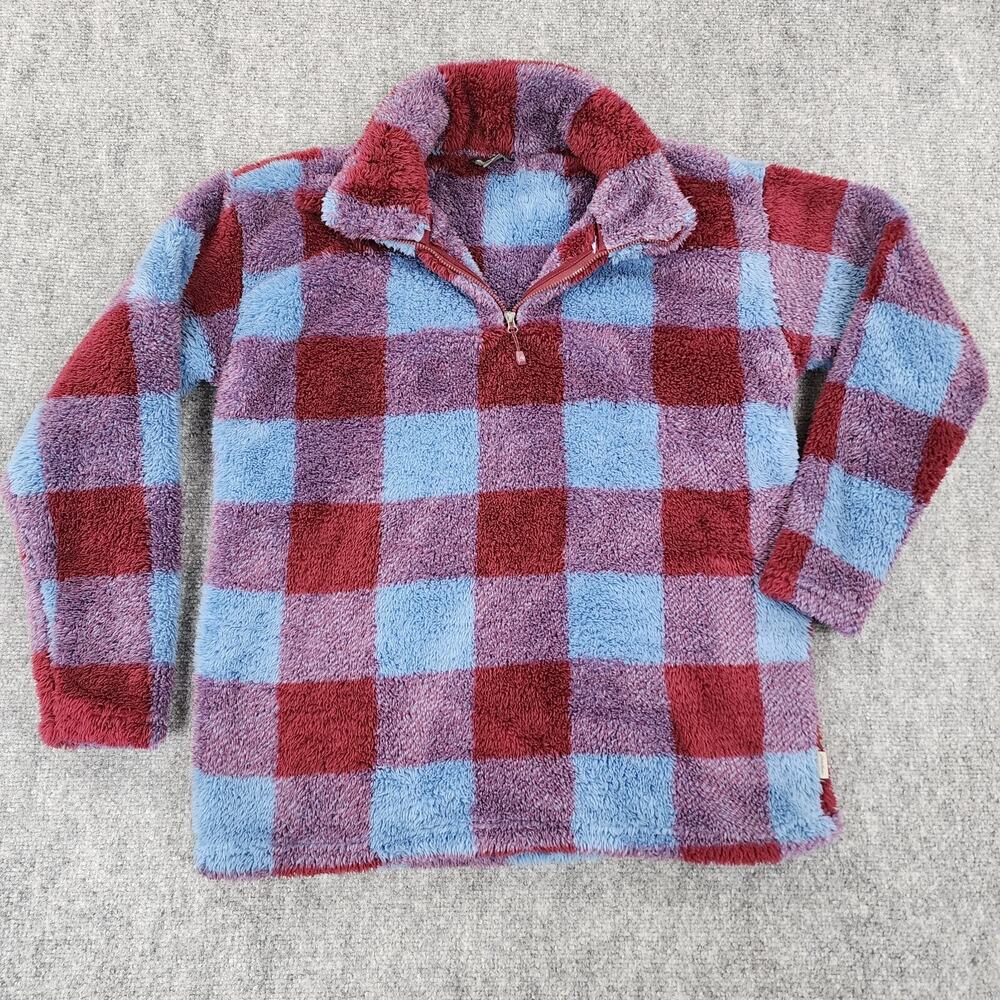 Eddie Bauer Pullover Womens Medium Buffalo Plaid Faux Fur 1/4 Zip Cozy Sweater